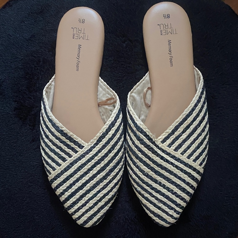 Time and Tru Women's Black and Tan Striped Mules